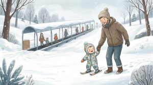 Vater bringt seinem Kind auf einem flachen Übungshang das Skifahren bei