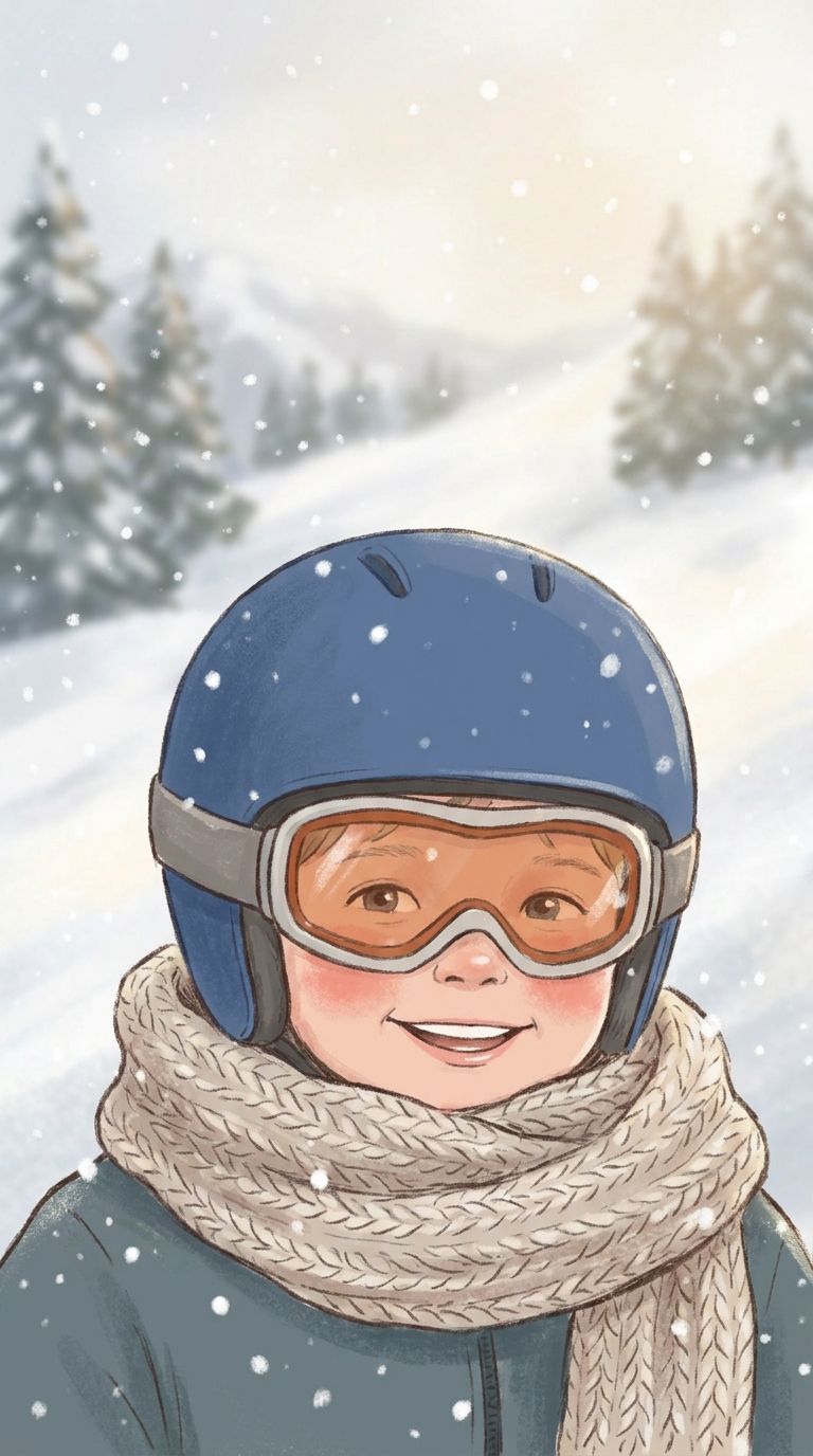 Kind mit korrekt sitzendem Skihelm und Skibrille auf der Piste