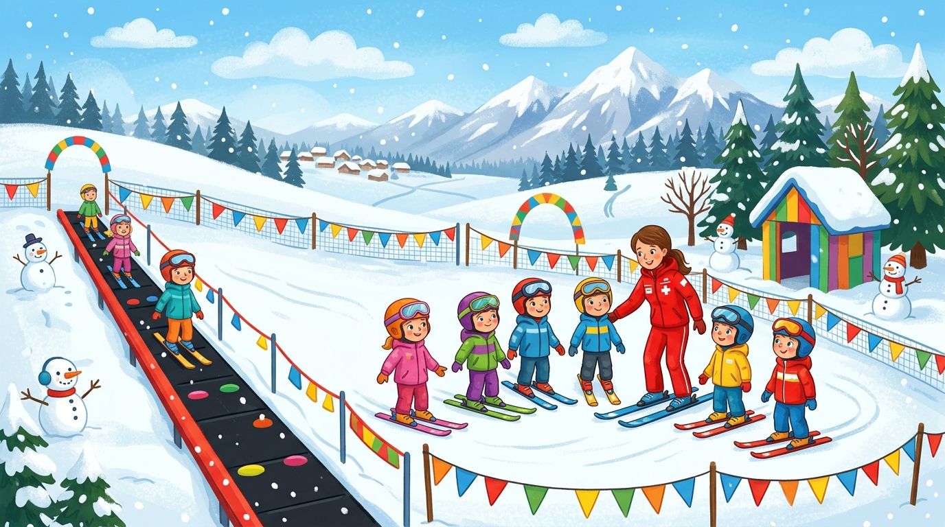 Kinderland-Skischule mit Zauberteppich und Skilehrer für Anfänger