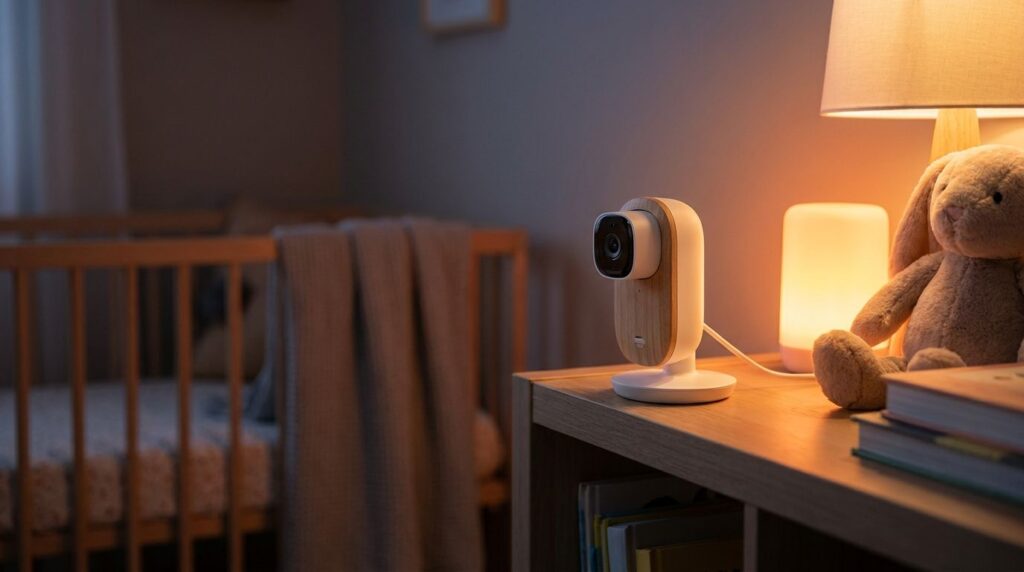 Video-Babyphone mit Kamera auf einem Regal im Kinderzimmer