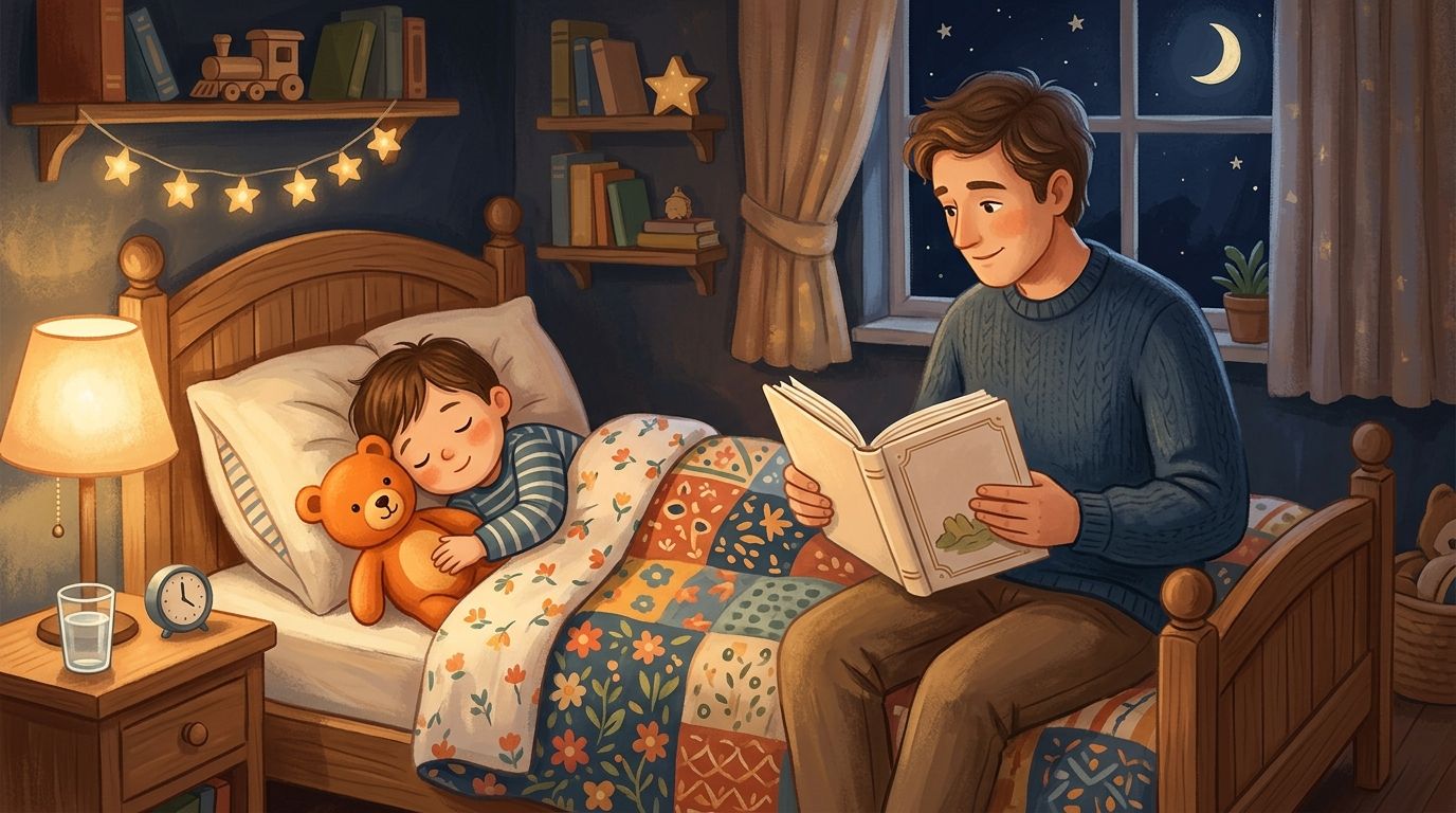 Vater liest seinem Kind abends eine Gute-Nacht-Geschichte vor