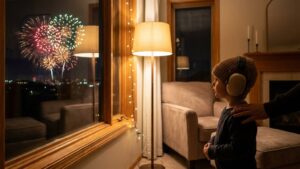Kind mit Gehörschutz beobachtet Silvesterfeuerwerk vom Fenster aus
