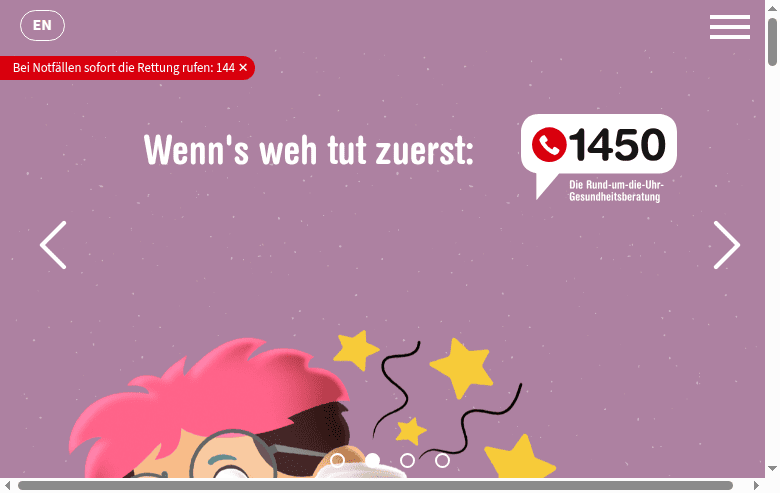Screenshot der 1450-Gesundheitsberatung – rund um die Uhr kostenlos in Österreich erreichbar