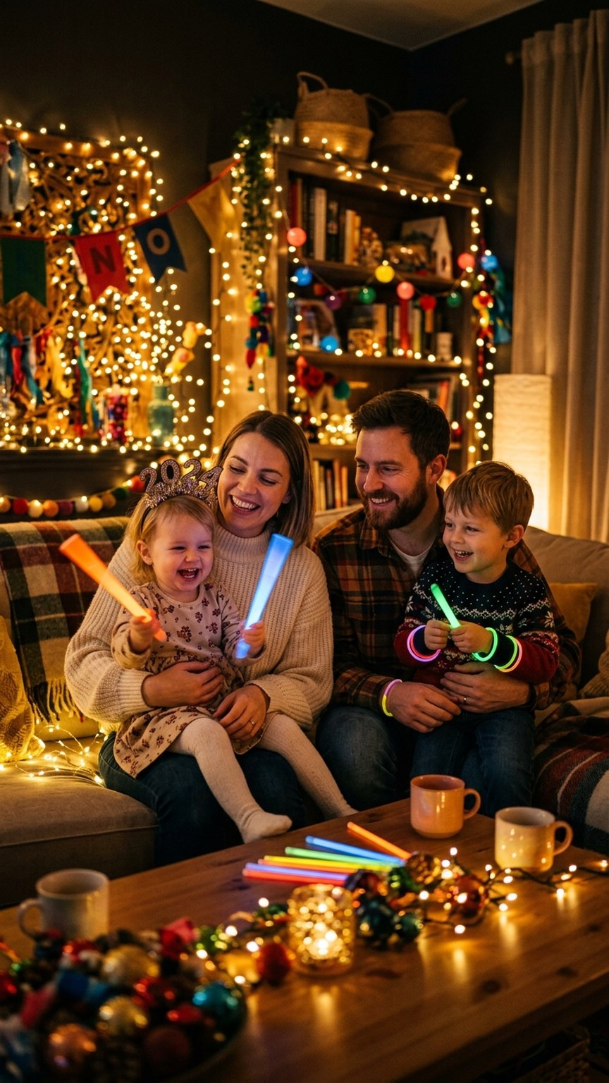 Böllerfreies Familien-Silvester mit bunten Lichterketten und Glow-Sticks