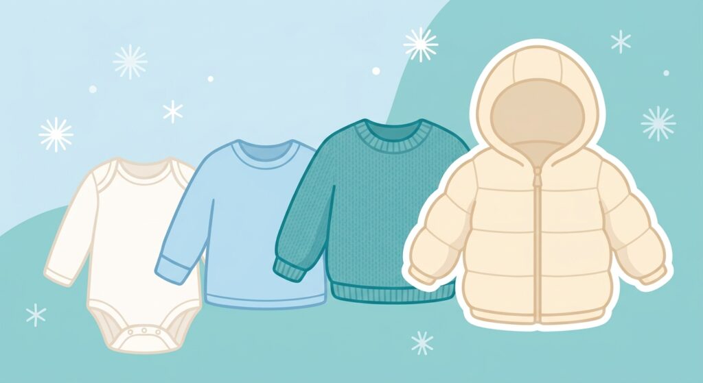 Zwiebellook beim Baby: die vier Kleidungsschichten im Winter, flache Illustration