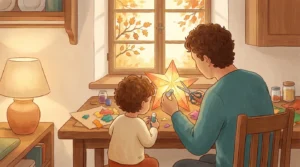 Papa und Kind basteln gemeinsam eine St.-Martins-Laterne am Küchentisch