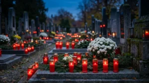 Herbstfriedhof als Lichtermeer aus Grablichtern an Allerheiligen