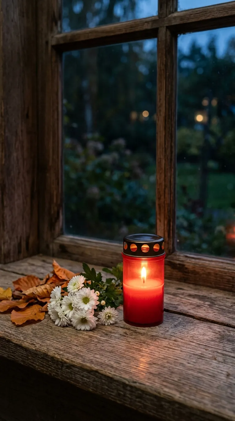 Brennendes Grablicht auf der Fensterbank mit Herbstlaub und Chrysanthemen