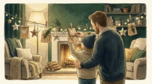 Vater und Kleinkind öffnen gemeinsam ein Adventskalender-Säckchen an der Wäscheleine