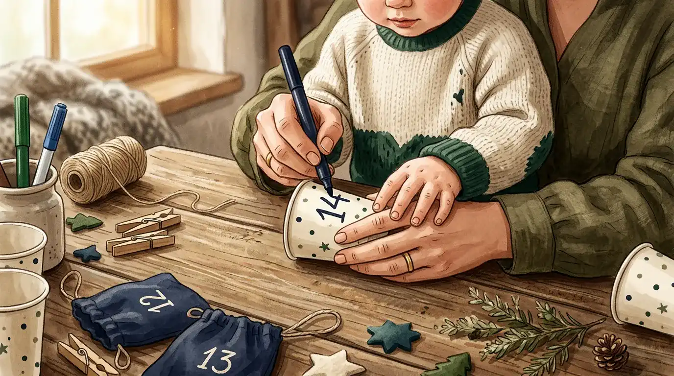 Erwachsenen- und Kinderhand beschriften gemeinsam ein Adventskalender-Säckchen