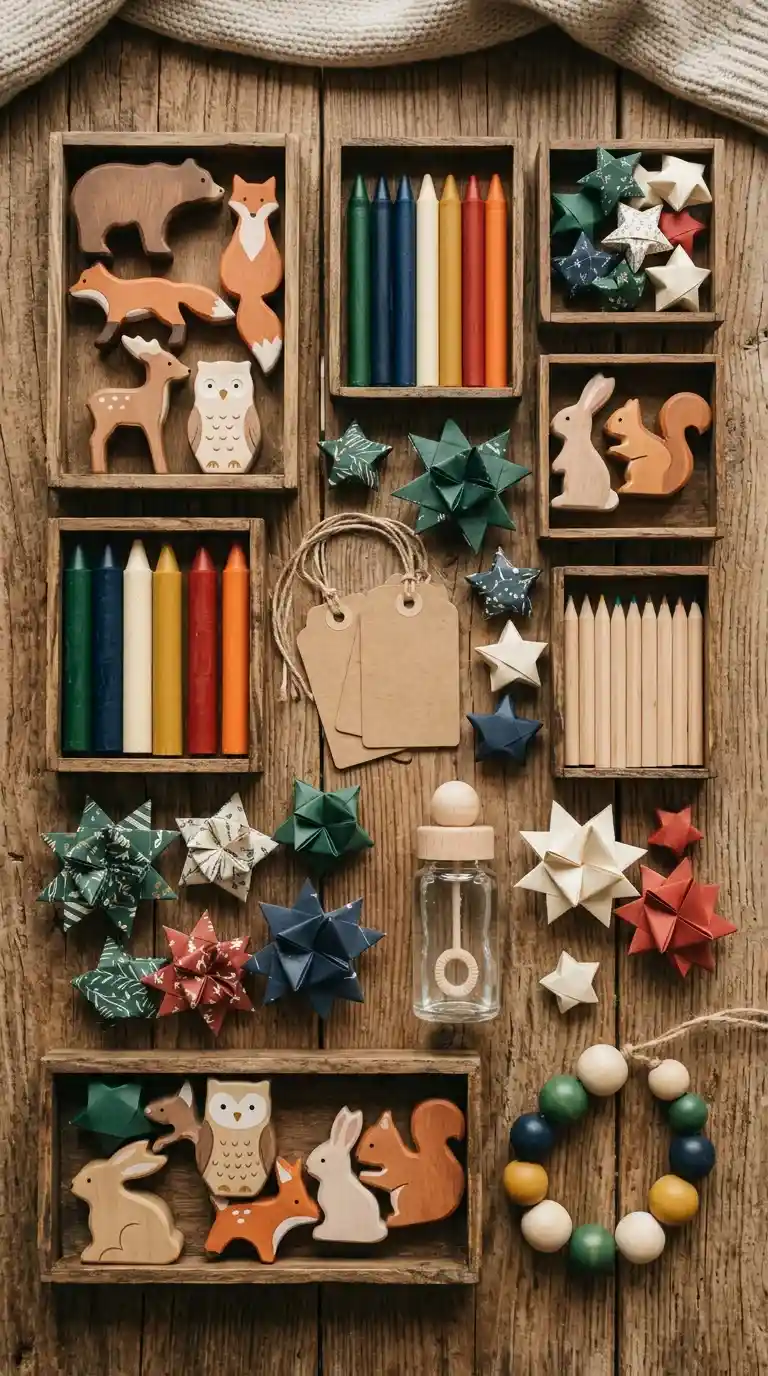 Adventskalender-Füllung ohne Schokolade auf einem Holztisch