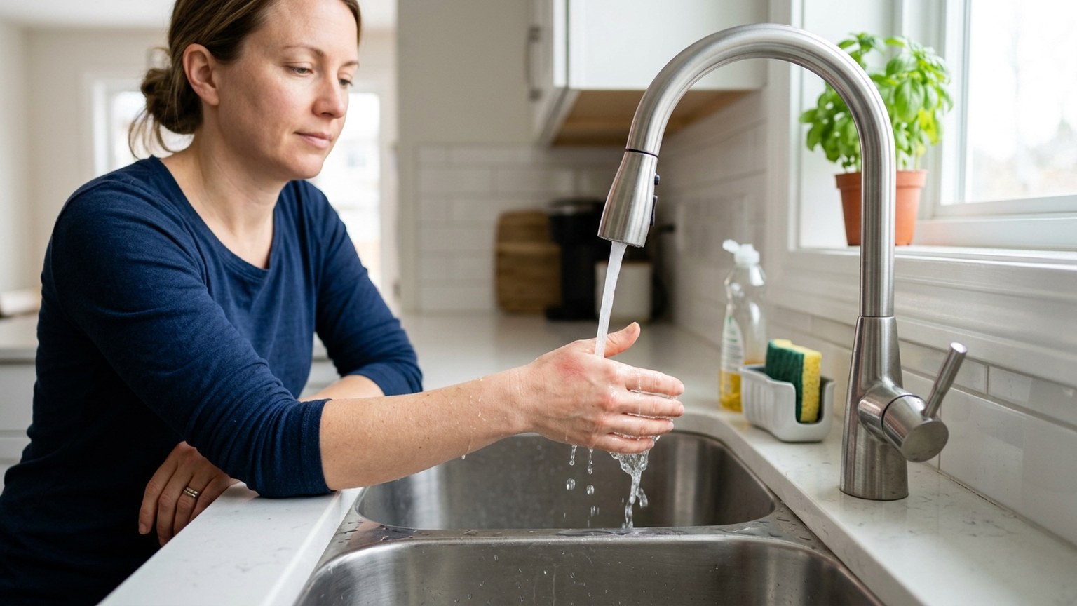 Erste Hilfe bei Verbrennung: Hand wird unter kühlem Wasser gehalten