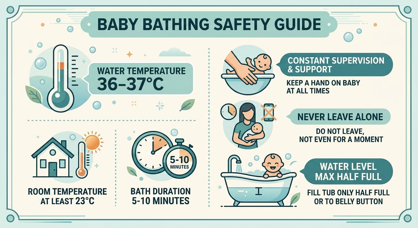 Infografik zum Babybaden: Wassertemperatur 36-37 Grad, nie allein lassen, Wanne nur halb füllen