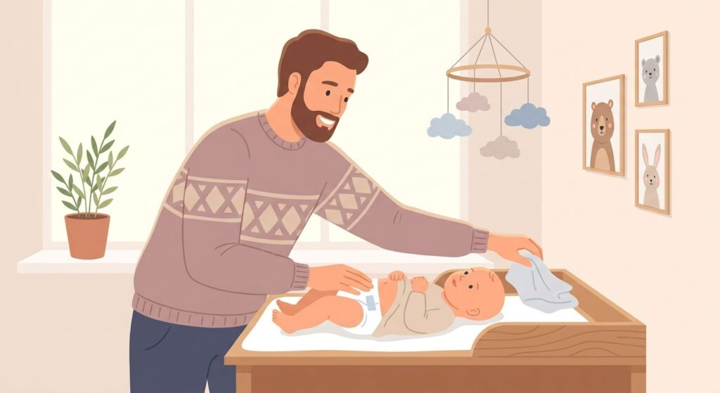 Vater wickelt sein Baby sicher auf dem Wickeltisch – eine Hand bleibt immer am Kind