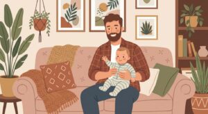 Vater und Baby auf dem Sofa bei einer Babyzeichen-Geste – Kommunikation vor dem Sprechen