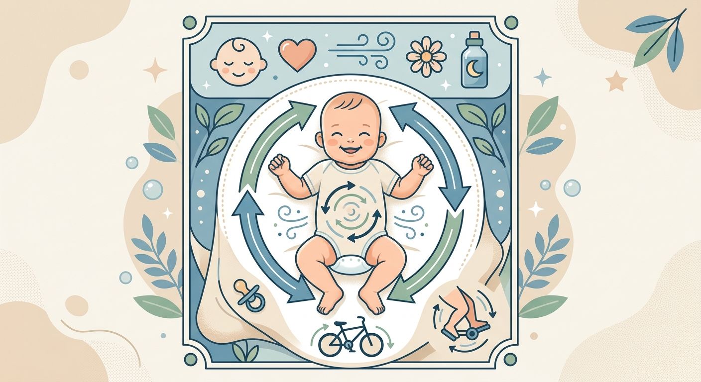 Grafische Schrittfolge der Baby-Bauchmassage im Uhrzeigersinn und der Fahrradfahren-Beinübung gegen Blähungen