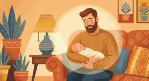 Vater hält sein Baby im Fliegergriff – Bauchlage auf dem Unterarm, der Kopf ruht gestützt in der Armbeuge