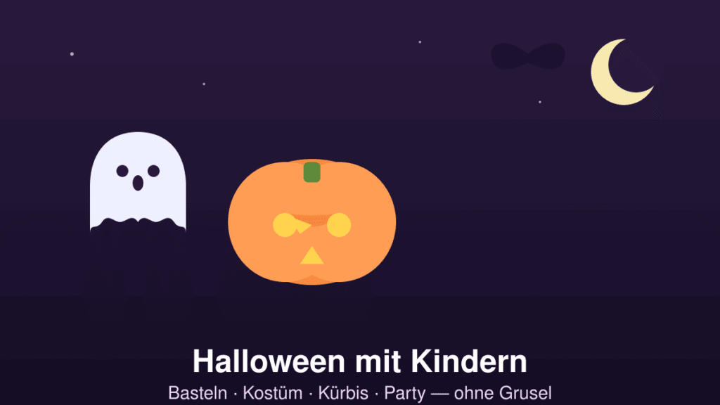 Halloween mit Kindern: dekorative Grafik mit Kürbis, Geist, Fledermaus und Mond (ohne Grusel)
