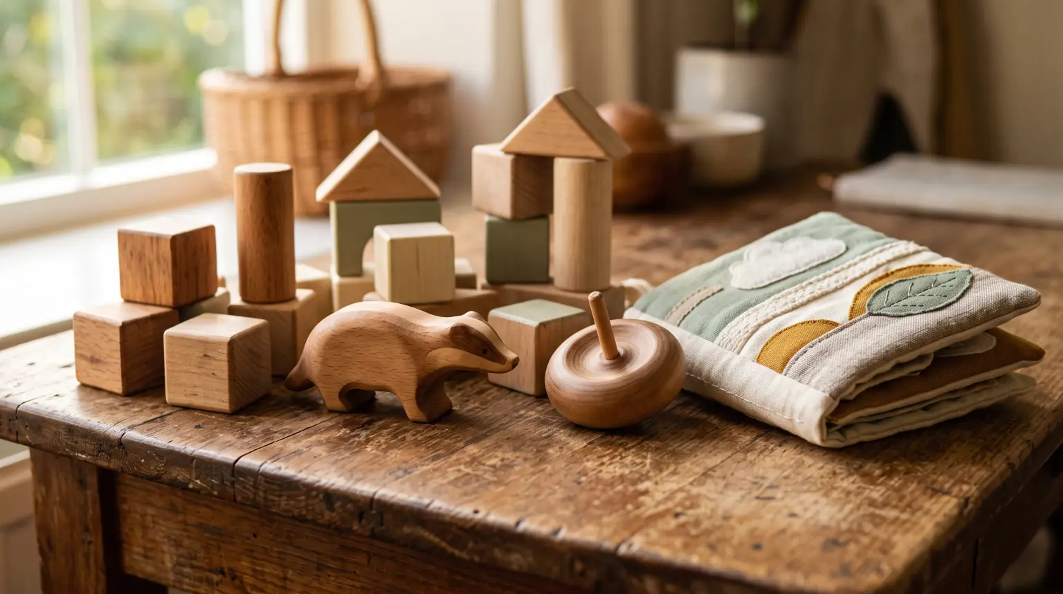 Nachhaltige Holzspielzeug-Geschenke auf einem Holztisch