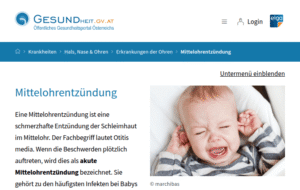 Screenshot der gesundheit.gv.at-Seite zur Mittelohrentzündung beim Kind (österreichisches Gesundheitsportal)